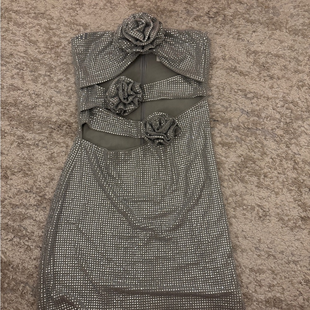 Meshki Gray Strapless Mini Dress with Floral Details